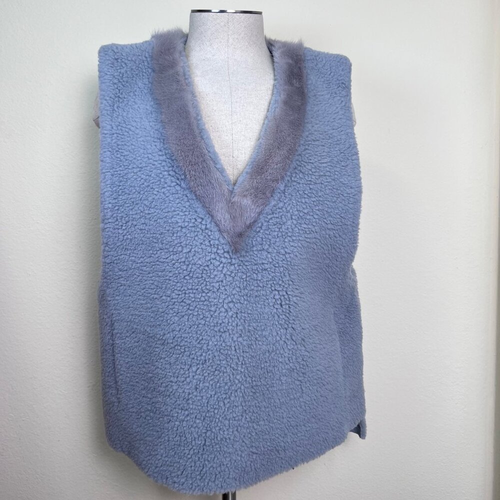 Lapiaf du Marais Blue Gray Shearling Vest W/ Real Mink Fur Trim Size Medium